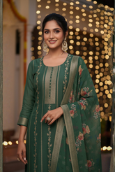 Emerald Elegance Kurta Set with Floral Dupatta