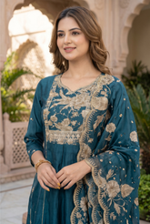 Teal Blue Floral Embroidered Kurta Set with Scalloped Organza Dupatta