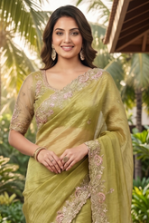 Olive Green Shimmer Tissue Saree with Pink Floral Embroidery