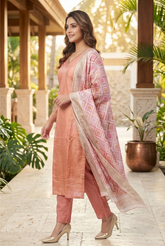 Peach Radiance Silk Suit Set with Geometric Zari Dupatta