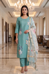 Elegant Teal Leaf Embroidered Kurta & Pants Set with Sheer Dupatta