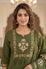 Olive Green Floral Embroidered Kurta Set with Tassels
