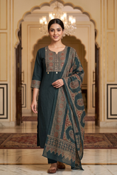Midnight Teal Heritage Yoke Straight Kurta Set with Paisley Dupatta