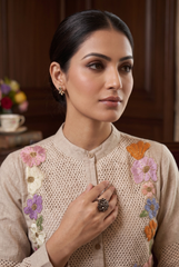 Serene Beige Floral Appliqué & Woven Mesh Co-ord Set