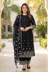 Midnight Noir Floral Embroidered Pintuck Suit Set