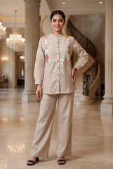 Serene Beige Floral Appliqué & Woven Mesh Co-ord Set