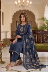 Navy Blue Floral Embroidered Cotton Kurta Set