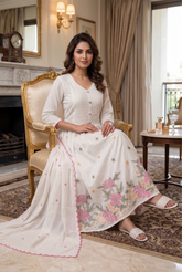 Pinstripe & Floral Cotton-Linen Anarkali Kurta Palazzo Set