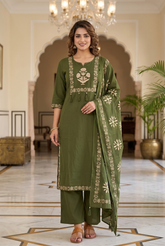 Olive Green Floral Embroidered Kurta Set with Tassels