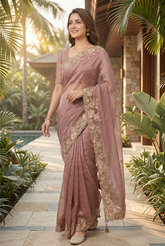 Dusty Rose Crushed Tissue Silk Saree with Floral Scalloped Borders