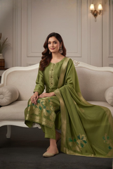 Olive Green Floral Pure Silk Suit