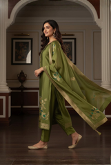 Olive Green Floral Pure Silk Suit
