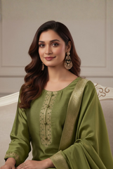 Olive Green Floral Pure Silk Suit