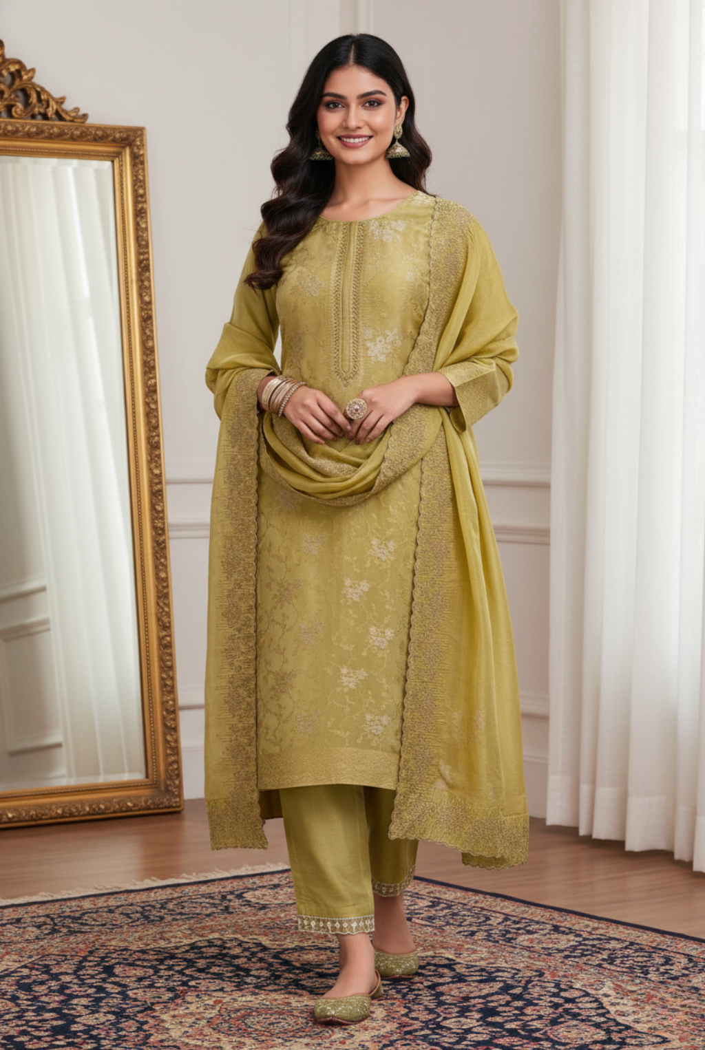 Golden Olive Jacquard Silk Suit