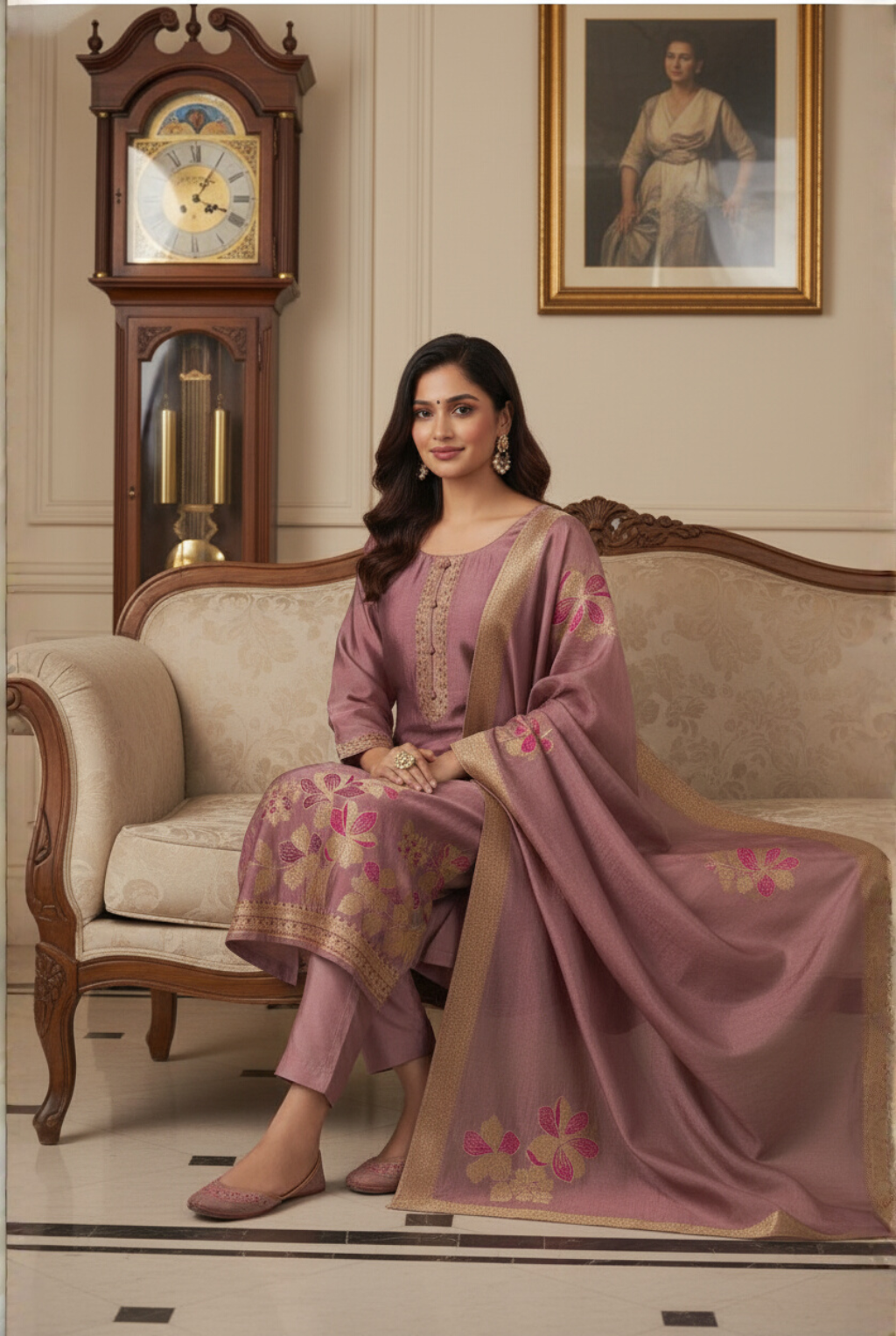 Dusty Rose Pink Floral Pure Silk Suit