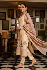 Elegant Cream Suit with Dusty Rose Floral Dupatta