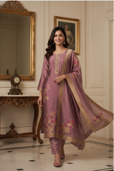 Dusty Rose Pink Floral Pure Silk Suit