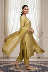 Golden Olive Jacquard Silk Suit