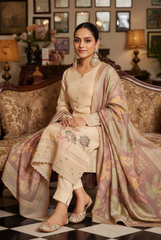 Elegant Cream Suit with Dusty Rose Floral Dupatta