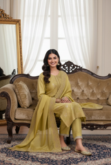 Golden Olive Jacquard Silk Suit