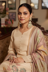 Elegant Cream Suit with Dusty Rose Floral Dupatta
