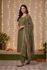 Emerald Elegance Kurta Set with Floral Dupatta