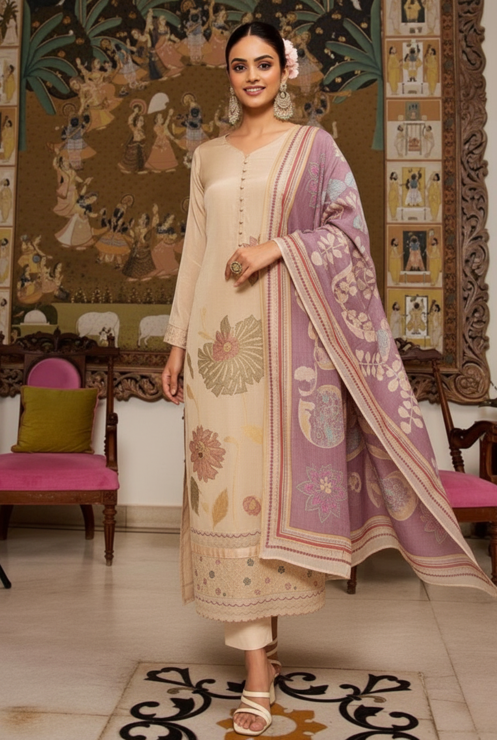 Elegant Beige Floral Embroidered Suit with Mauve Printed Dupatta