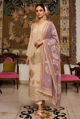 Elegant Beige Floral Embroidered Suit with Mauve Printed Dupatta