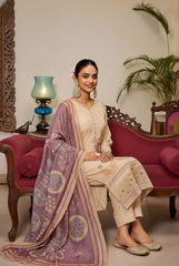 Elegant Beige Floral Embroidered Suit with Mauve Printed Dupatta