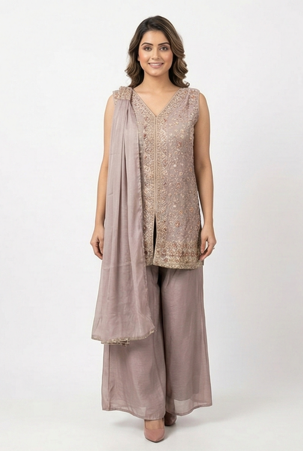 Dusty Mauve Embroidered Chinon Georgette Palazzo Suit Set