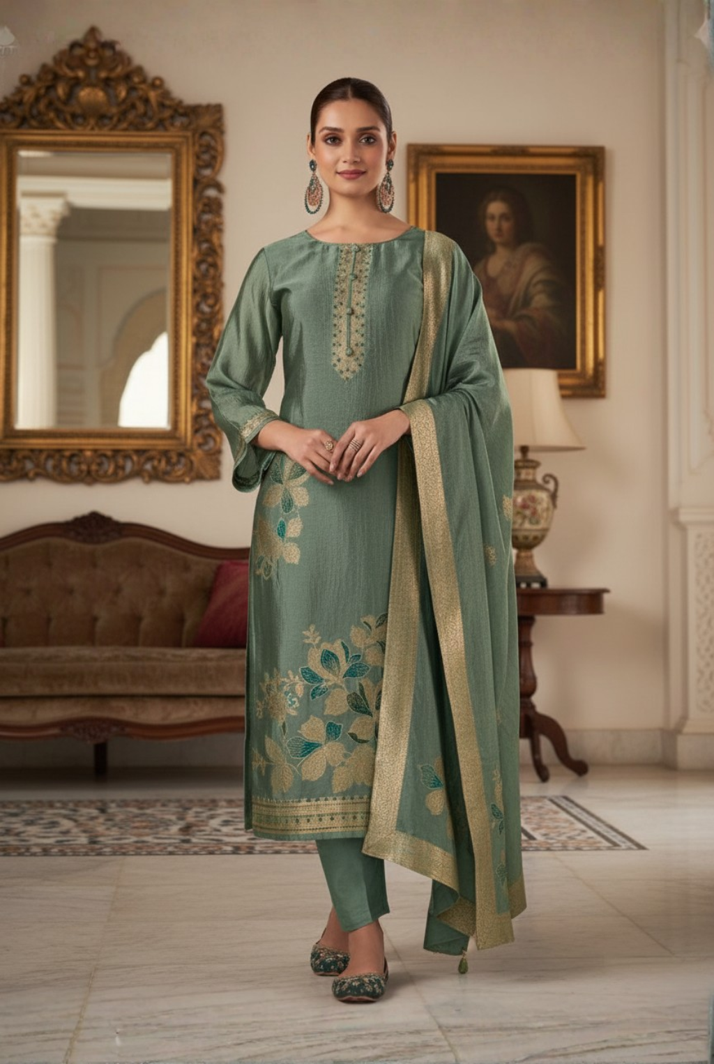 Sage Green Floral Pure Silk Suit