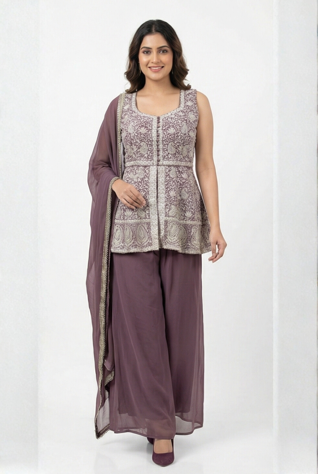 Mauve Silver Embroidered Peplum and Palazzo Set
