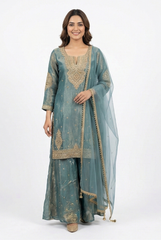 Regal Teal Tissue Silk Sharara Set with Gold Zari Embroidery