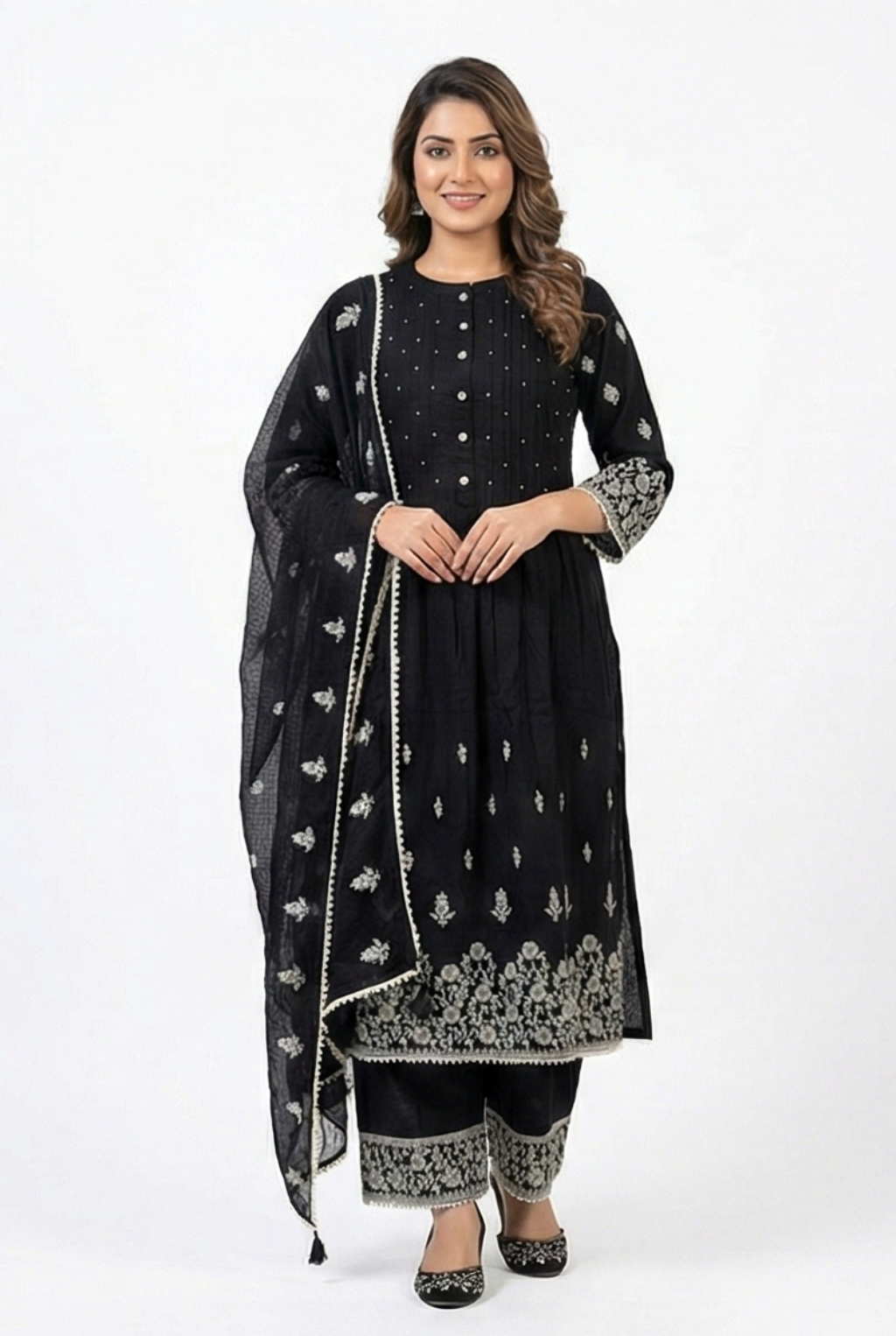 Midnight Noir Floral Embroidered Pintuck Suit Set