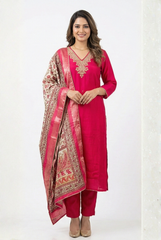 Radiant Rani Pink Chinon Suit Set with Floral Zari Dupatta