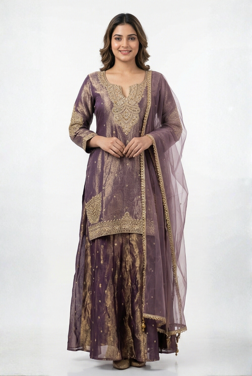 Regal Mauve Tissue Silk Sharara Set with Gold Zari Embroidery