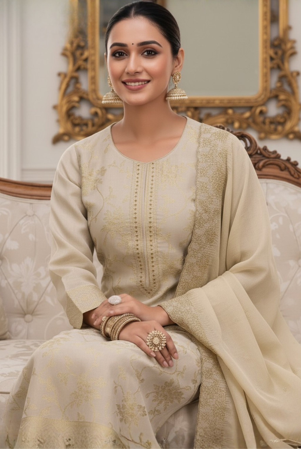 Elegant Golden Ivory Silk Suit