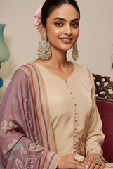 Elegant Beige Floral Embroidered Suit with Mauve Printed Dupatta