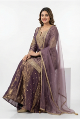 Regal Mauve Tissue Silk Sharara Set with Gold Zari Embroidery