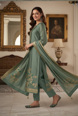 Sage Green Floral Pure Silk Suit