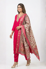 Radiant Rani Pink Chinon Suit Set with Floral Zari Dupatta