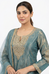 Regal Teal Tissue Silk Sharara Set with Gold Zari Embroidery