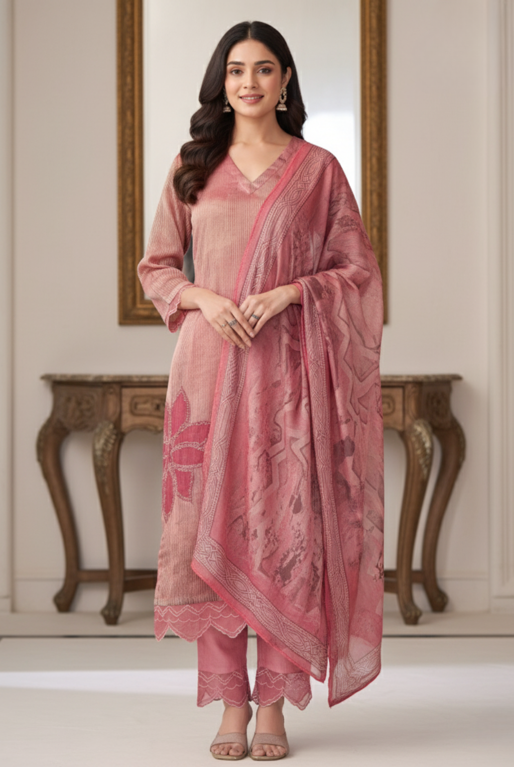 Suit with Scalloped Embroidery