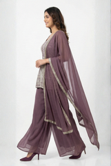 Mauve Silver Embroidered Peplum and Palazzo Set