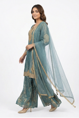 Regal Teal Tissue Silk Sharara Set with Gold Zari Embroidery