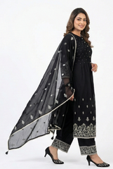 Midnight Noir Floral Embroidered Pintuck Suit Set