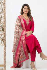 Radiant Rani Pink Chinon Suit Set with Floral Zari Dupatta