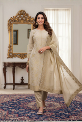 Elegant Golden Ivory Silk Suit