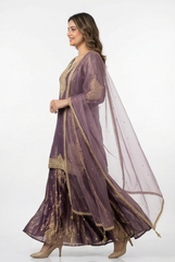 Regal Mauve Tissue Silk Sharara Set with Gold Zari Embroidery
