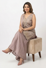 Dusty Mauve Embroidered Chinon Georgette Palazzo Suit Set